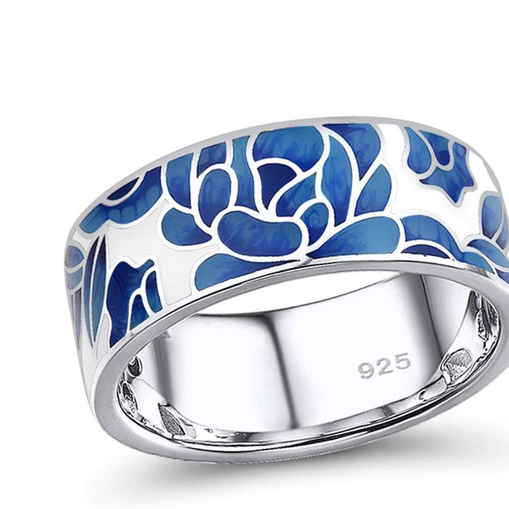 925 Sterling Silver Enamel Flower Pattern Ring For Women